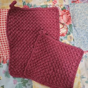 Handmade Bean Stitch Chunky Burgandy Crochet Potholders - Set of 2